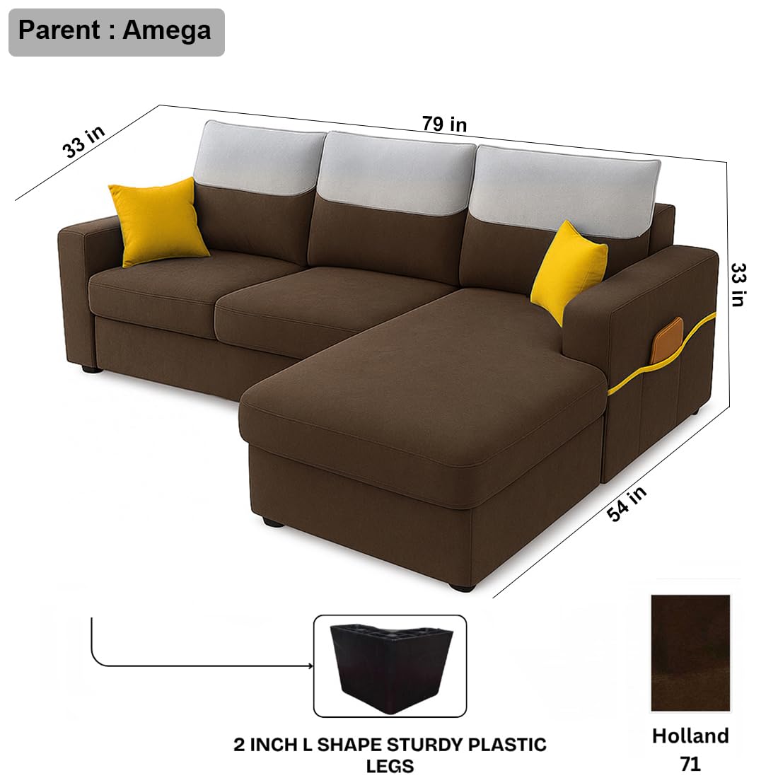 FURNY Tokyo 4 Seater Fabric RHS L Shape Sofa Set (Brown) | Premium Velvet Finish | Ideal of Living Room - Image 3