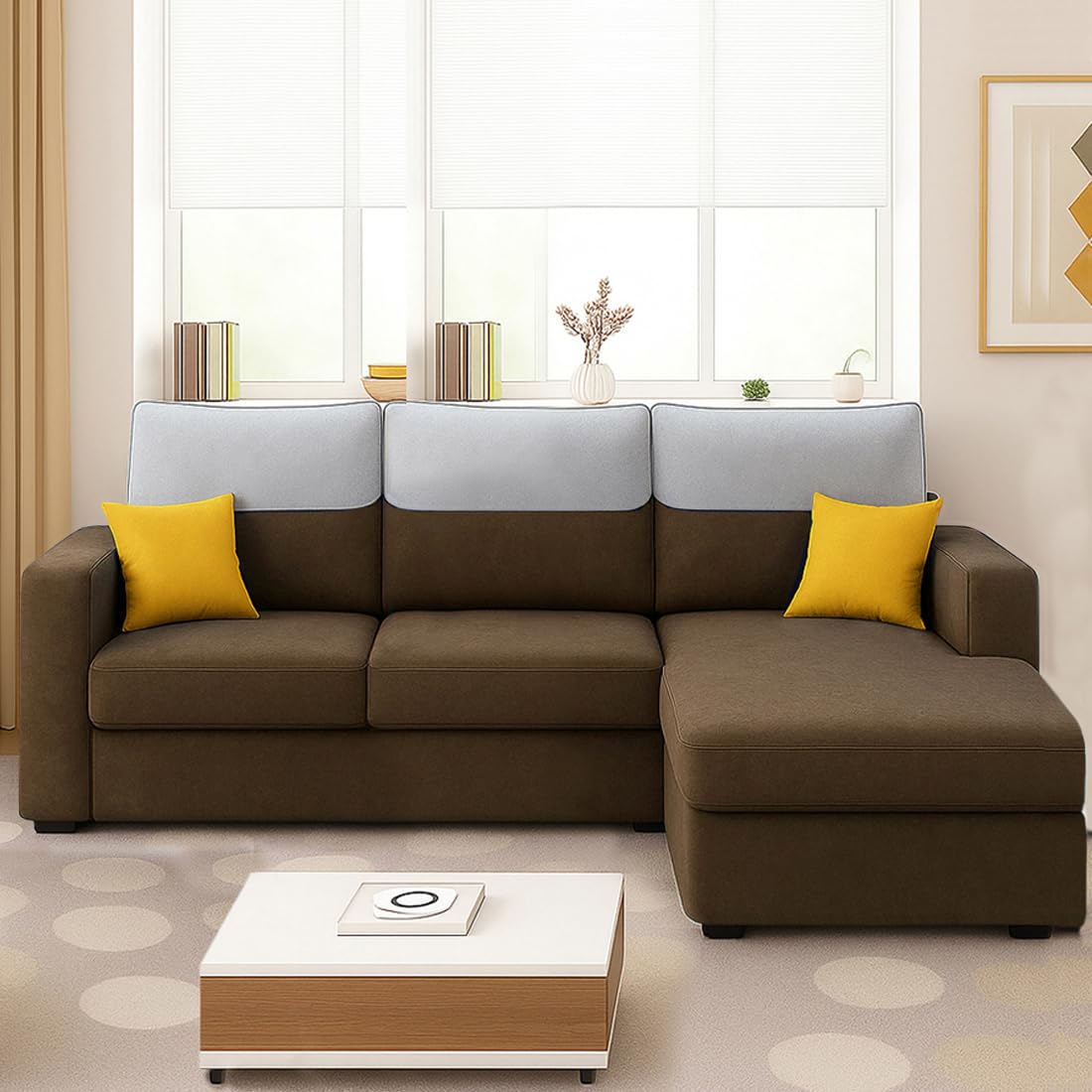 FURNY Tokyo 4 Seater Fabric RHS L Shape Sofa Set (Brown) | Premium Velvet Finish | Ideal of Living Room - Image 4