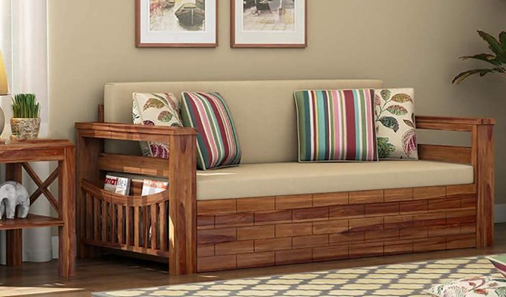 Solid Sheesham Wood Sofa Set 3 Seater Furniture Wooden 3 Seater Sofa Cums Bed Queen Size for Home Living Room with Cushions (Standard, Natural Finish) - Image 3