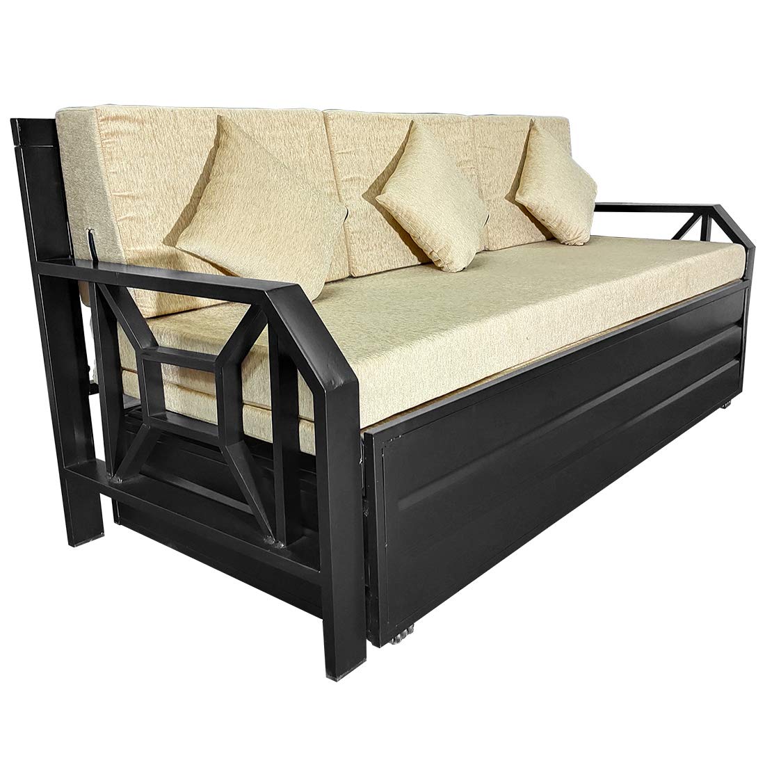 Queen Size Metal Sofa Cum Bed with Hydraulic Storage | 3 Seater | 6 X 5 | Washable Cream Fabric, Matte Black Finish - Image 4