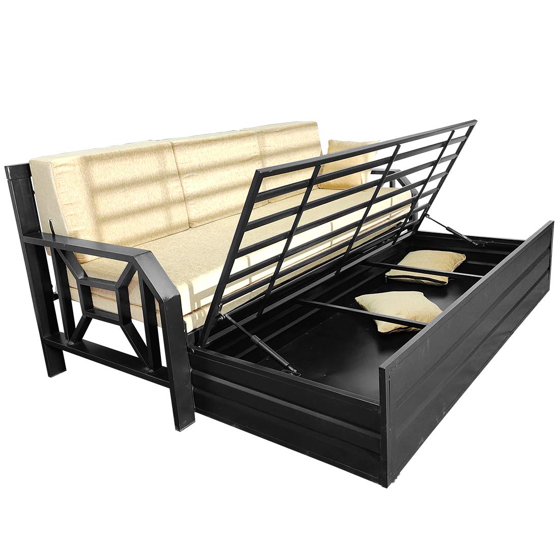 Queen Size Metal Sofa Cum Bed with Hydraulic Storage | 3 Seater | 6 X 5 | Washable Cream Fabric, Matte Black Finish - Image 6