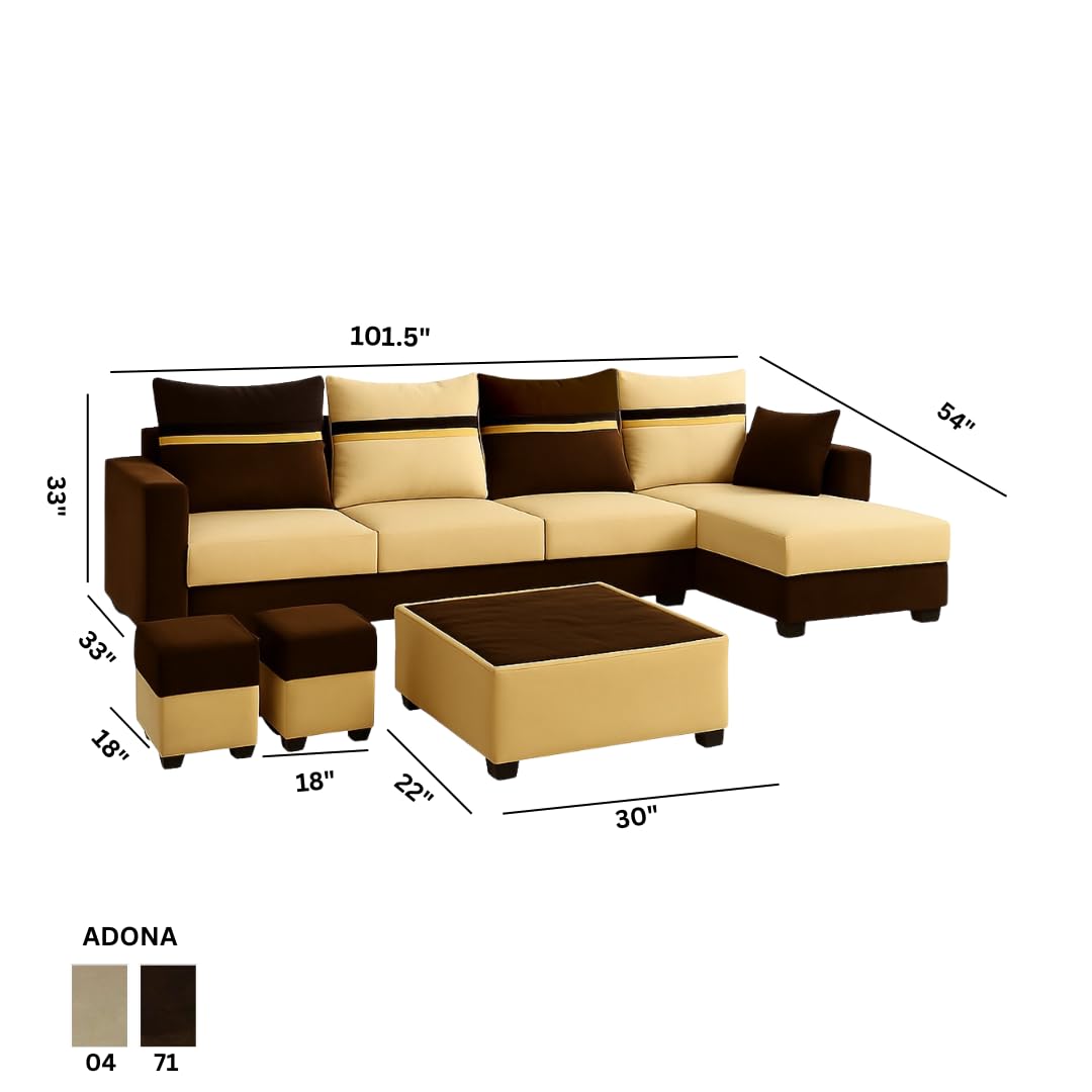 CASASTYLE Wallis 8 Seater Fabric RHS L Shape Sofa Set with 1 Centre Table & 2 Puffy (Cream- Brown) | Velvet Finish | Comfortable Sectional Sofa for Living Room - Image 3