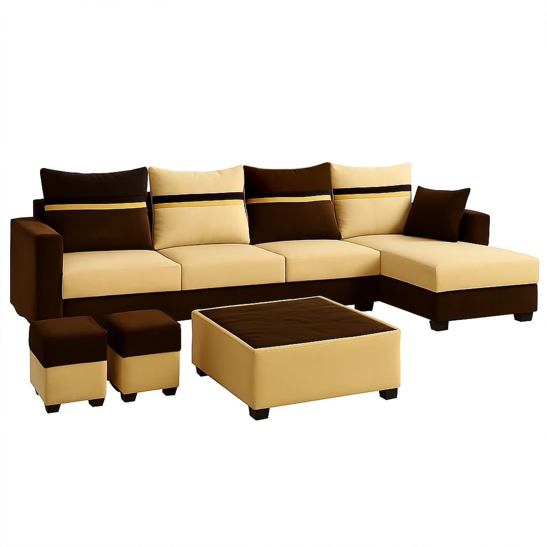 CASASTYLE Wallis 8 Seater Fabric RHS L Shape Sofa Set with 1 Centre Table & 2 Puffy (Cream- Brown) | Velvet Finish | Comfortable Sectional Sofa for Living Room - Image 4