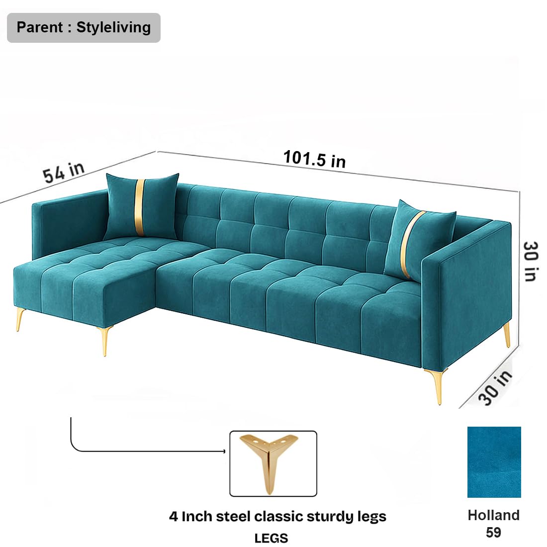 FURNY Styliving 6 Seater Fabric LHS L Shape Sofa Set (Aqua Blue) with Golden Finish Legs | Durable & Comfortable | Ideal for Living Room - Image 3