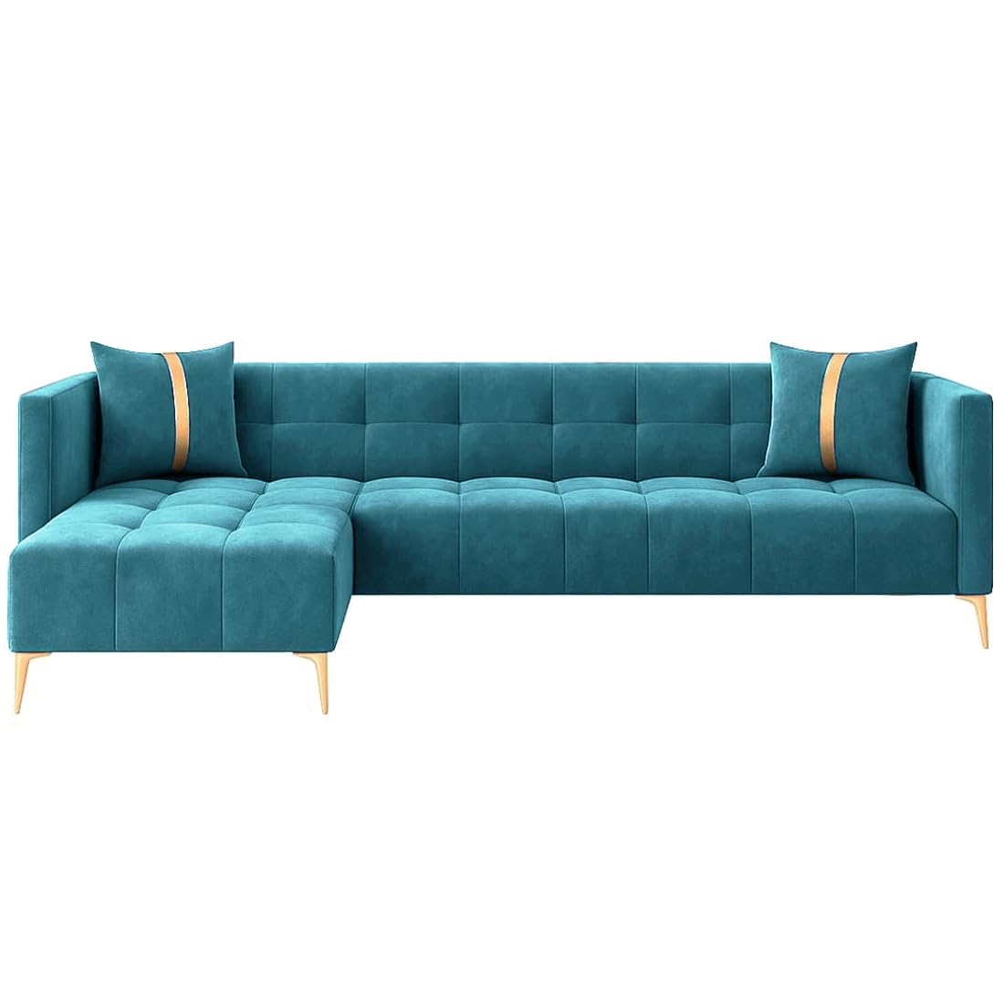 FURNY Styliving 6 Seater Fabric LHS L Shape Sofa Set (Aqua Blue) with Golden Finish Legs | Durable & Comfortable | Ideal for Living Room - Image 4