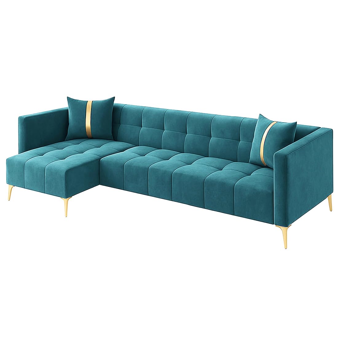 FURNY Styliving 6 Seater Fabric LHS L Shape Sofa Set (Aqua Blue) with Golden Finish Legs | Durable & Comfortable | Ideal for Living Room - Image 5