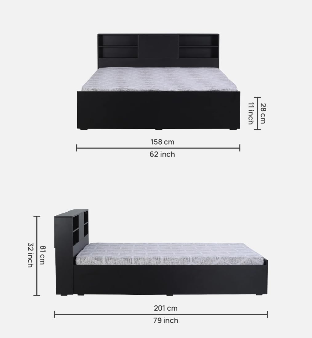 Engineered Wood,Modern Queen Size Storage Bed with Bookcase Headboard, Black, 201 x 158 cm - Image 3