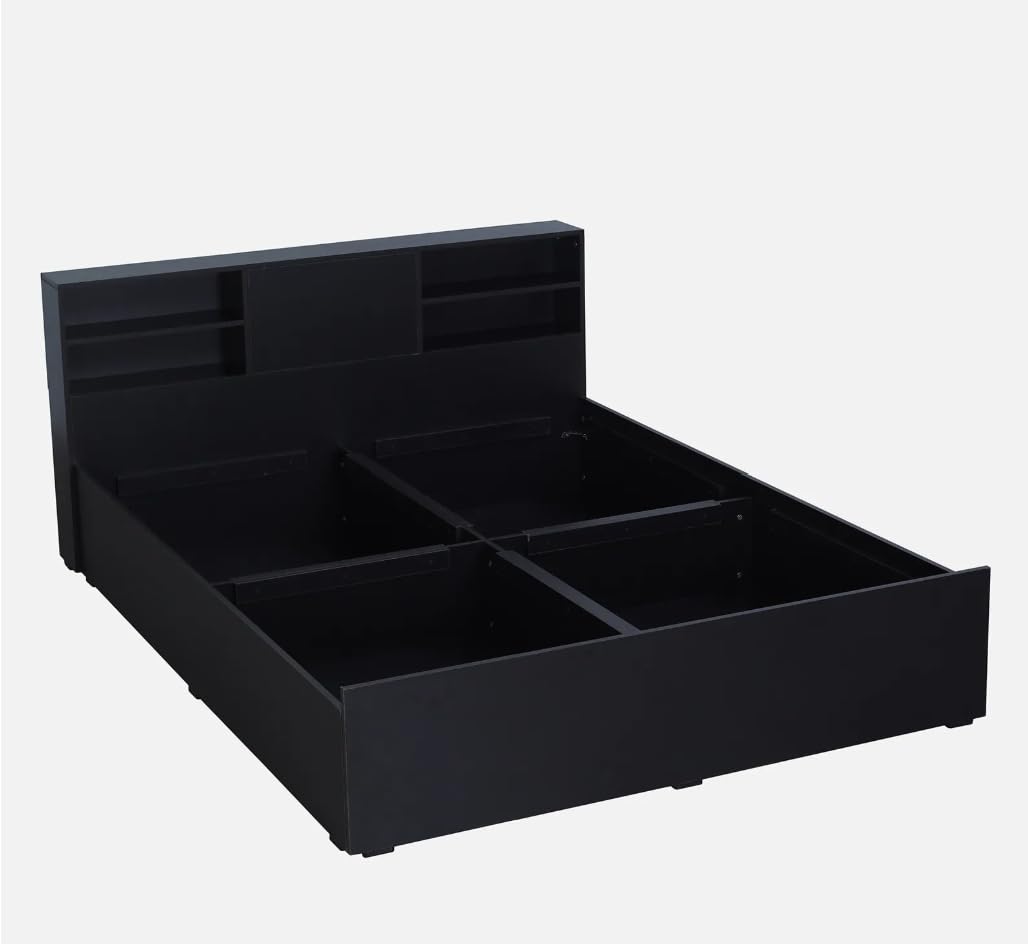 Engineered Wood,Modern Queen Size Storage Bed with Bookcase Headboard, Black, 201 x 158 cm - Image 6