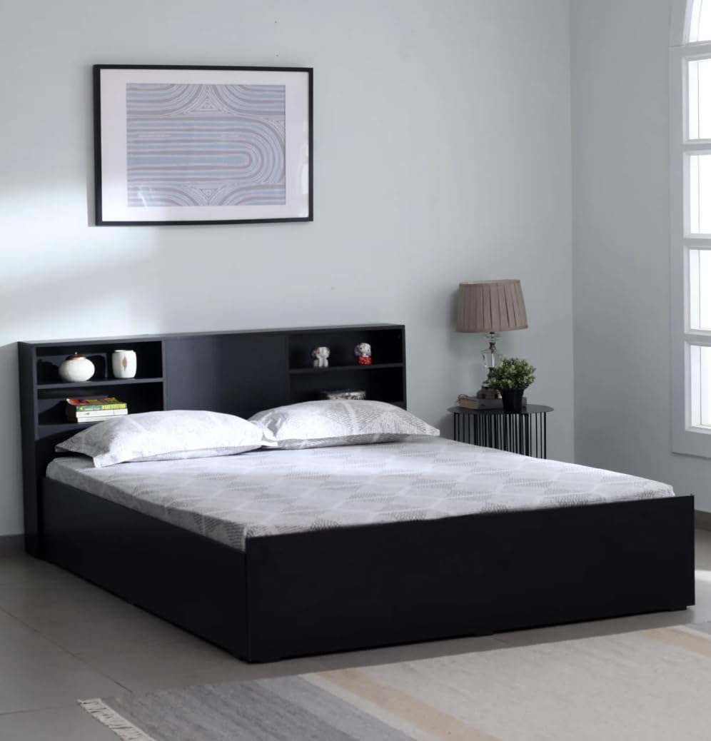 Engineered Wood,Modern Queen Size Storage Bed with Bookcase Headboard, Black, 201 x 158 cm - Image 8