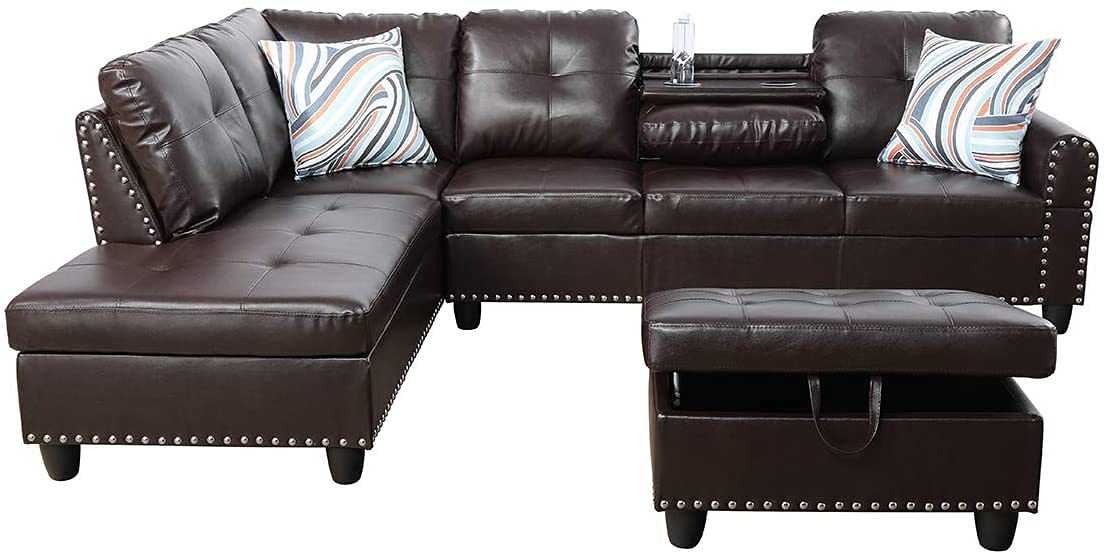 Falom Wide Faux Leather Sofa & Chaise with Ottoman 6 Seater for Living Room, Bedroom, Office. (Brown) - Image 3