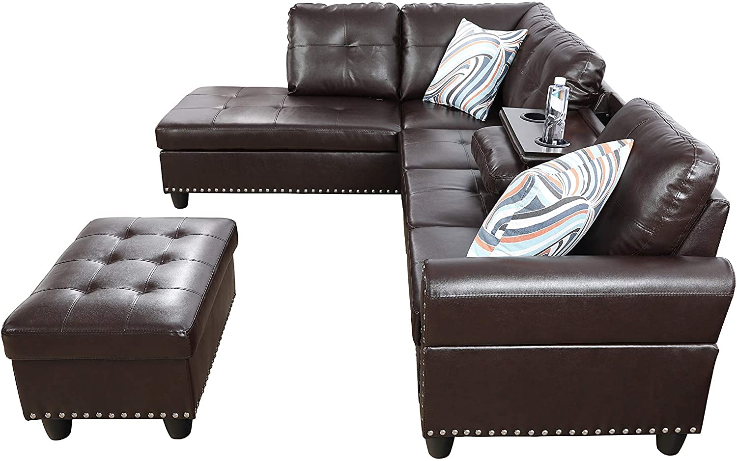 Falom Wide Faux Leather Sofa & Chaise with Ottoman 6 Seater for Living Room, Bedroom, Office. (Brown) - Image 7