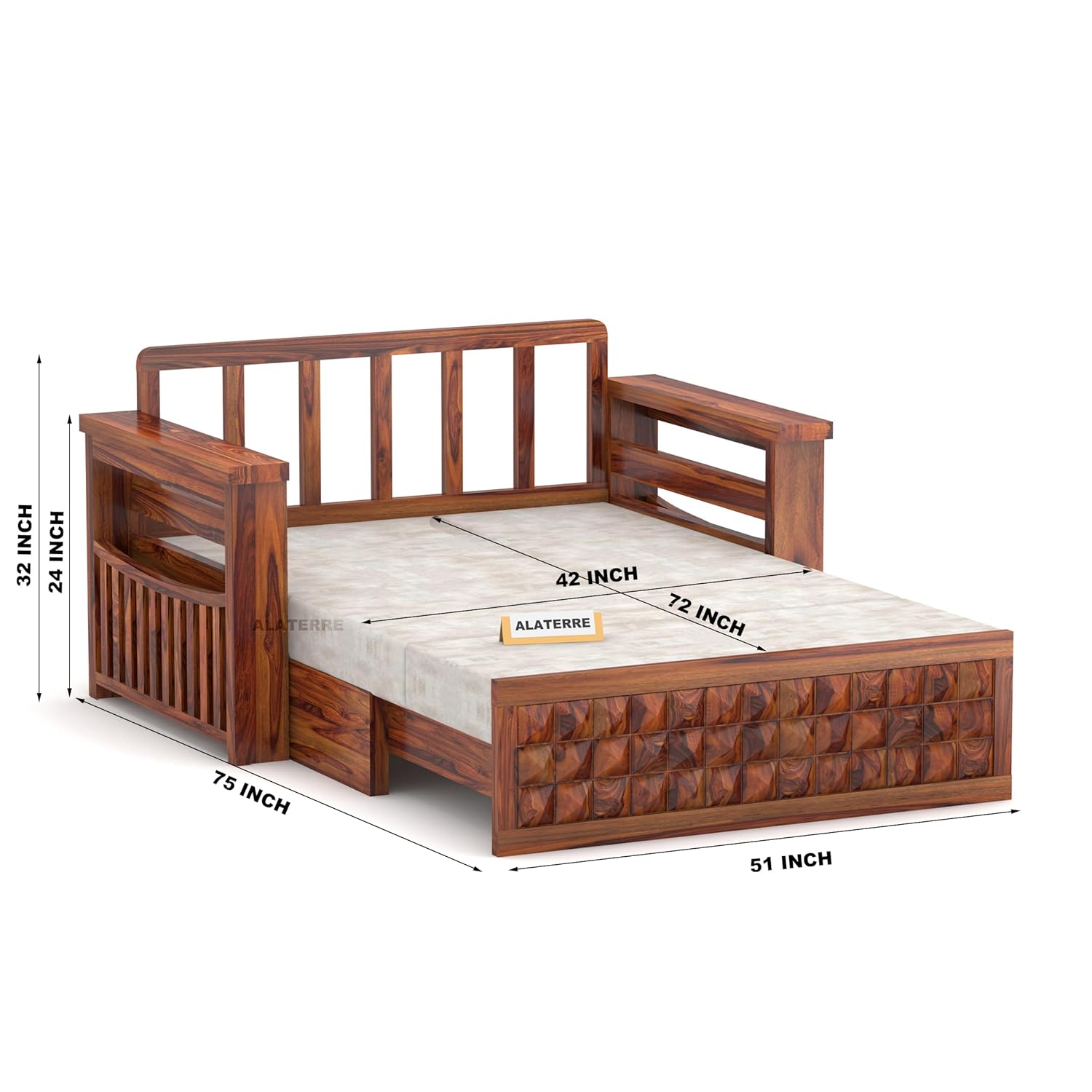 Sofa Cum Bed || Sheesham Wood 2 Seater Sofa Cum Bed for Home || Wooden Sofa Cum Bed for Living Room Furniture || Comfort Dubole Bed Folding with Storage Armrest (2 Seater, Honey Finish) - Image 3