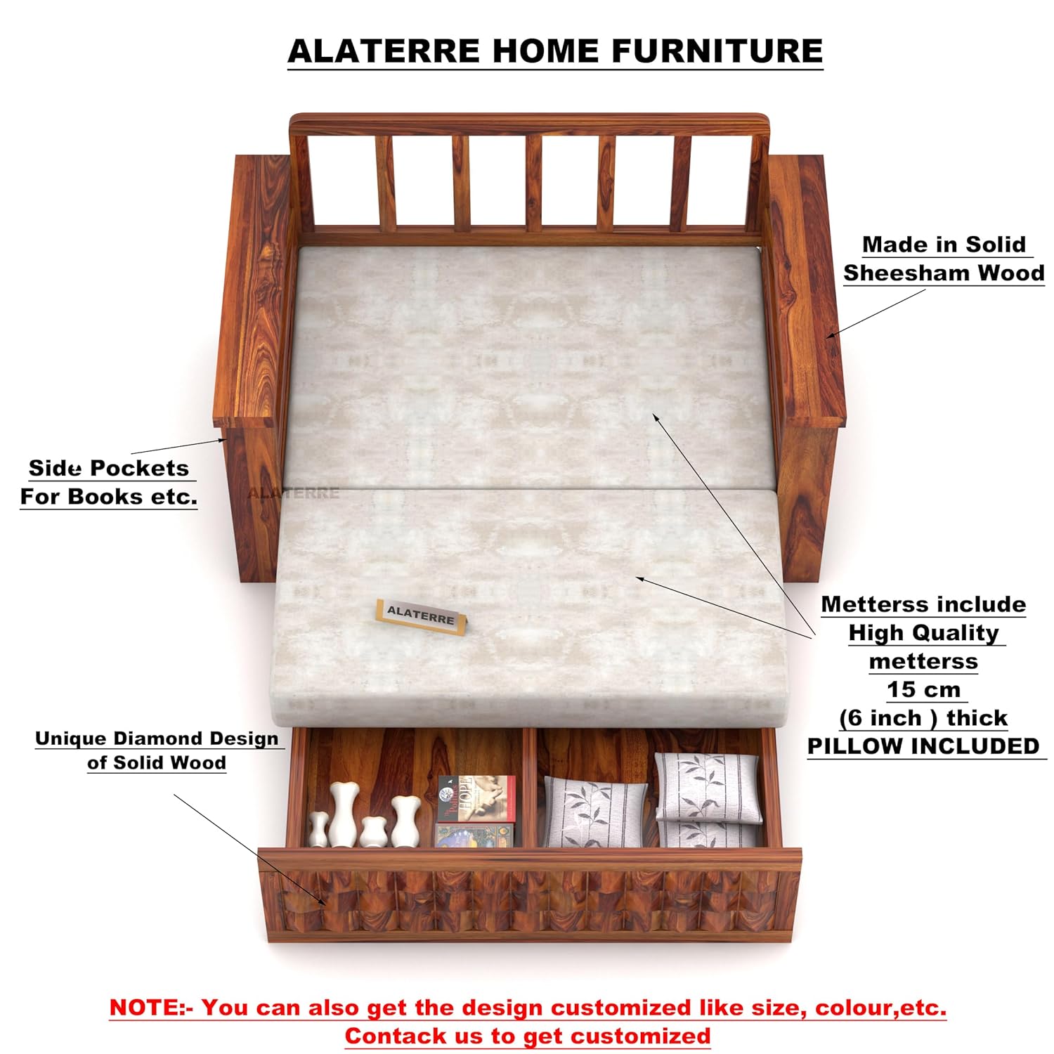 Sofa Cum Bed || Sheesham Wood 2 Seater Sofa Cum Bed for Home || Wooden Sofa Cum Bed for Living Room Furniture || Comfort Dubole Bed Folding with Storage Armrest (2 Seater, Honey Finish) - Image 4
