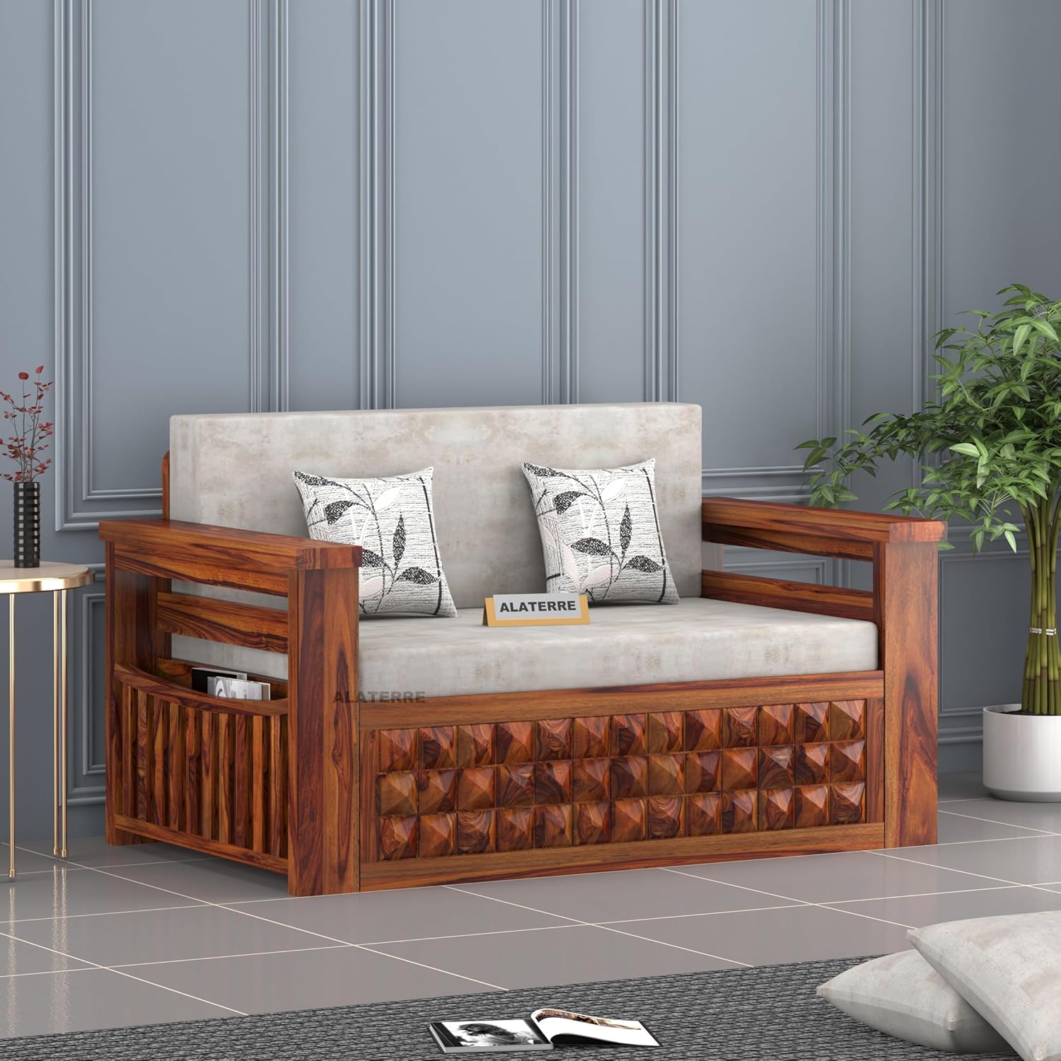 Sofa Cum Bed || Sheesham Wood 2 Seater Sofa Cum Bed for Home || Wooden Sofa Cum Bed for Living Room Furniture || Comfort Dubole Bed Folding with Storage Armrest (2 Seater, Honey Finish) - Image 5