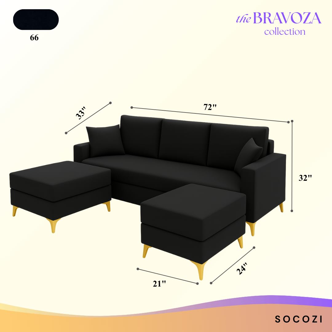 Bravelle 3 Seater Modular Sofa Set with 2 Ottoman | Soft Velvet Suede Fabric | Modern Design | Plush Comfort Cushions for Living Room (Black) - Image 3