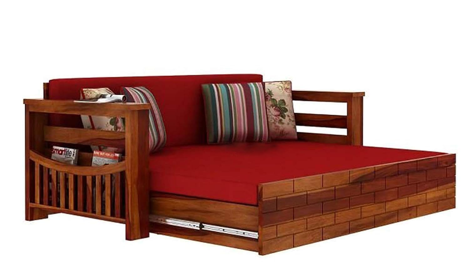 Solid Sheesham Wood Sofa Set 3 Seater Furniture Wooden 3 Seater Sofa Cums Bed for Home Living Room with Cushions | Sofa Cum Bed | Sheesham Wood (Honey Finish) - Image 5