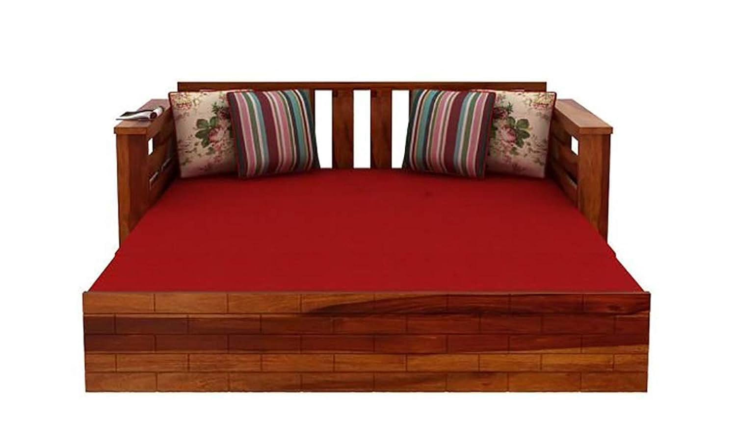 Solid Sheesham Wood Sofa Set 3 Seater Furniture Wooden 3 Seater Sofa Cums Bed for Home Living Room with Cushions | Sofa Cum Bed | Sheesham Wood (Honey Finish) - Image 6