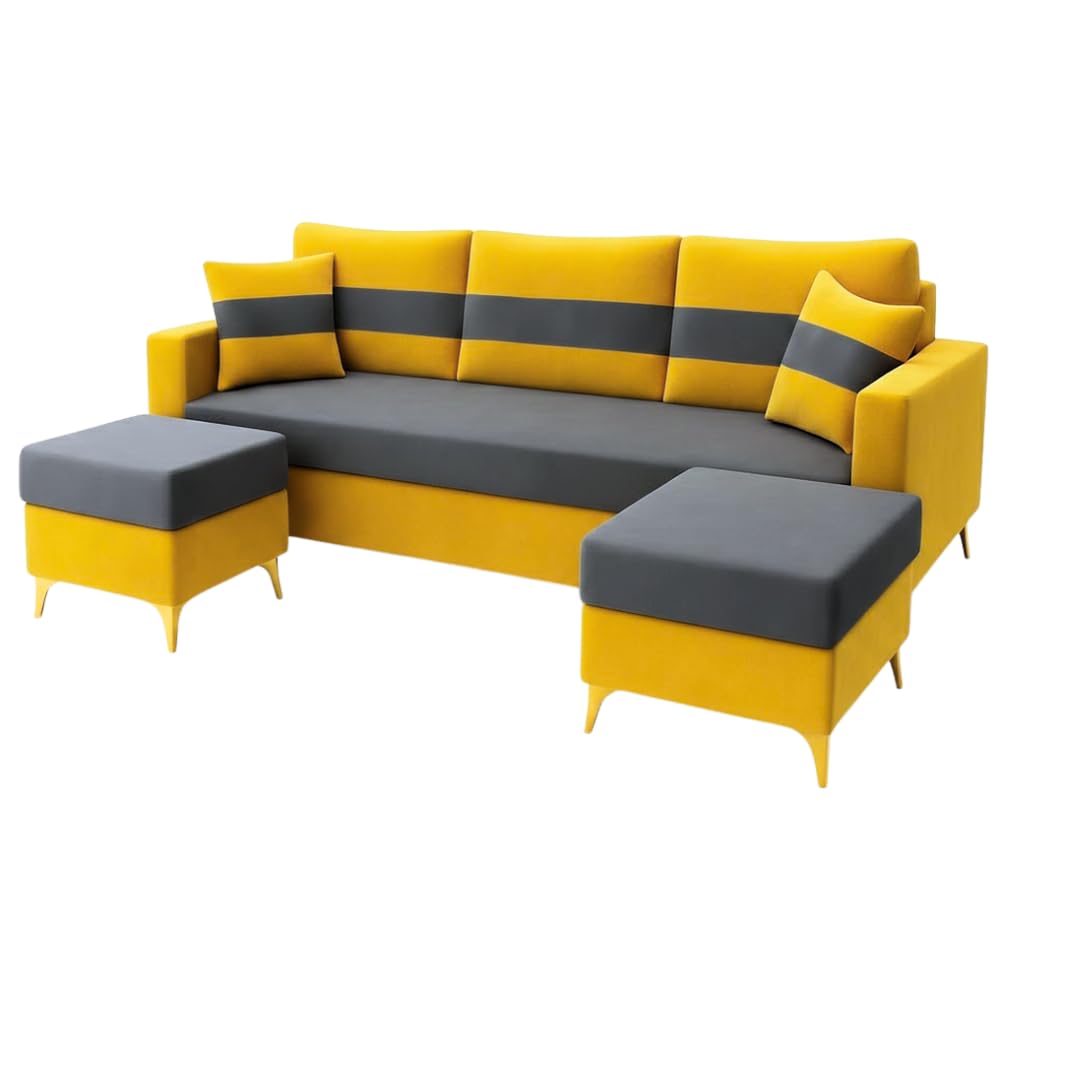 Bravelle 3 Seater Modular Sofa Set with 2 Ottoman | Soft Velvet Suede Fabric | Modern Design Sofas with Golden Legs | Plush Comfort Cushions for Living Room (Yellow-Dark Grey) - Image 3