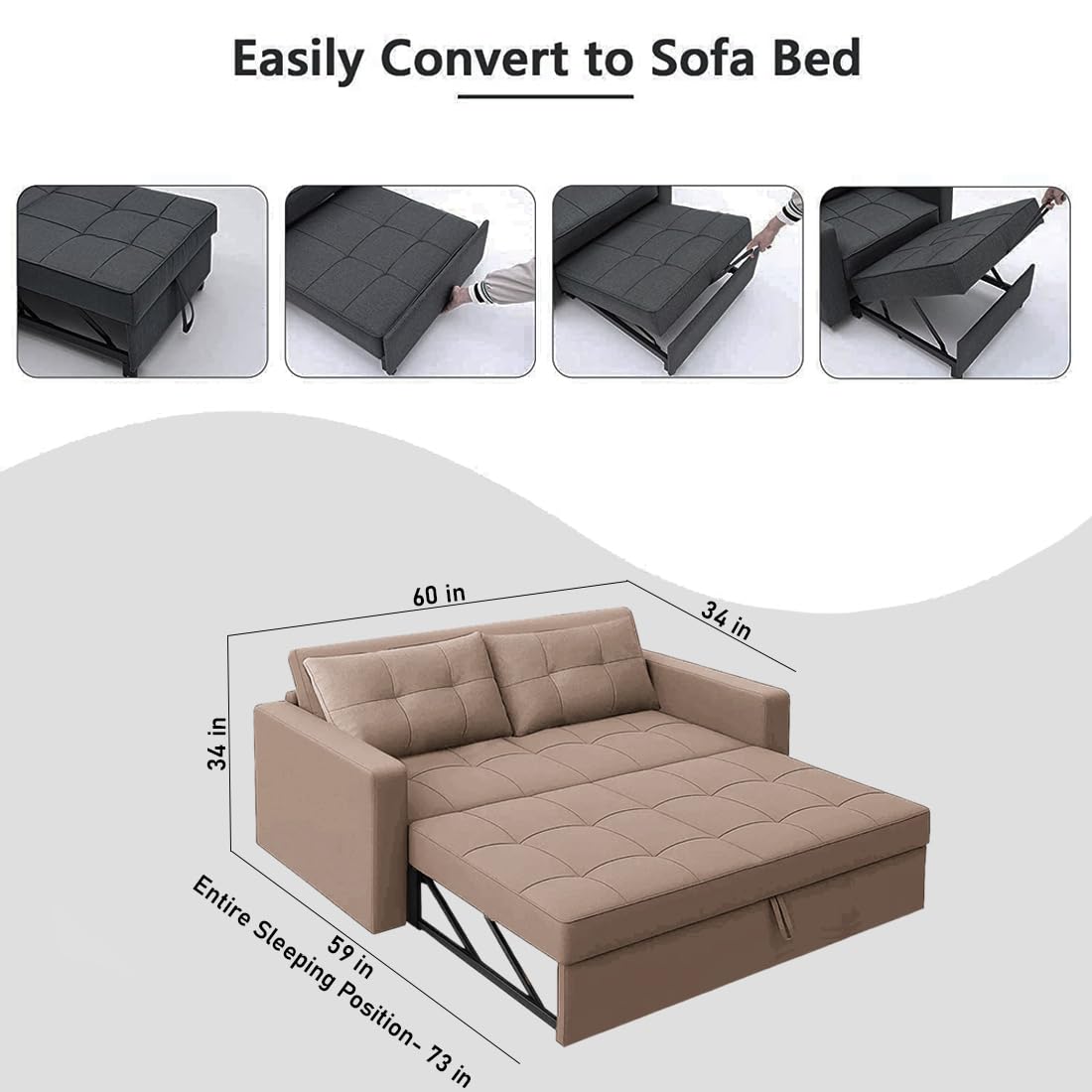 CASASTYLE Trissa 2 Seater Pull-Out Premium Fabric Sofa Cum Bed Sofa Set for Living Room (Beige Fabric) - Image 3