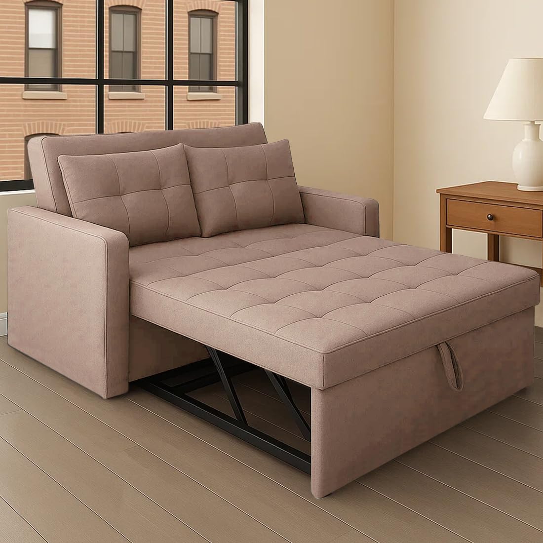 CASASTYLE Trissa 2 Seater Pull-Out Premium Fabric Sofa Cum Bed Sofa Set for Living Room (Beige Fabric) - Image 4