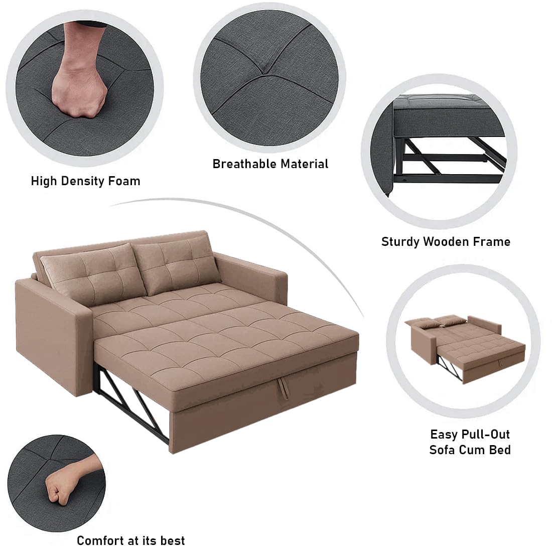 CASASTYLE Trissa 2 Seater Pull-Out Premium Fabric Sofa Cum Bed Sofa Set for Living Room (Beige Fabric) - Image 8