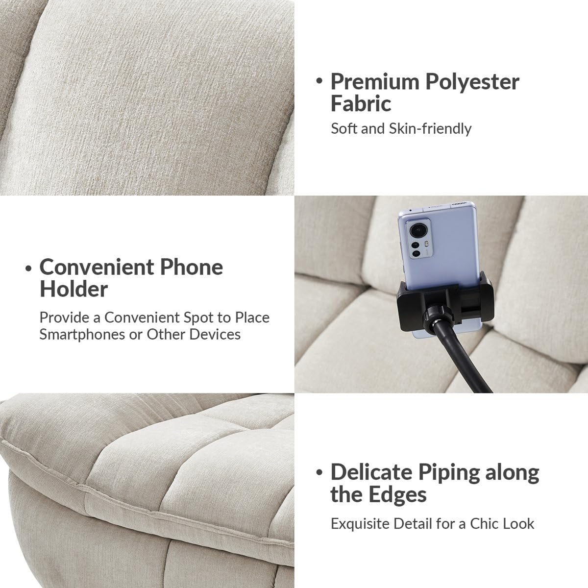 Jace Recliner Sofa 1 Seater 360° Swivel and Rock Modern Upholstered Manual Swivel and Rocker Recliner with Phone Holder Color Beige - Image 4