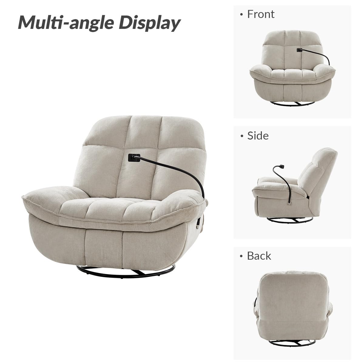 Jace Recliner Sofa 1 Seater 360° Swivel and Rock Modern Upholstered Manual Swivel and Rocker Recliner with Phone Holder Color Beige - Image 5