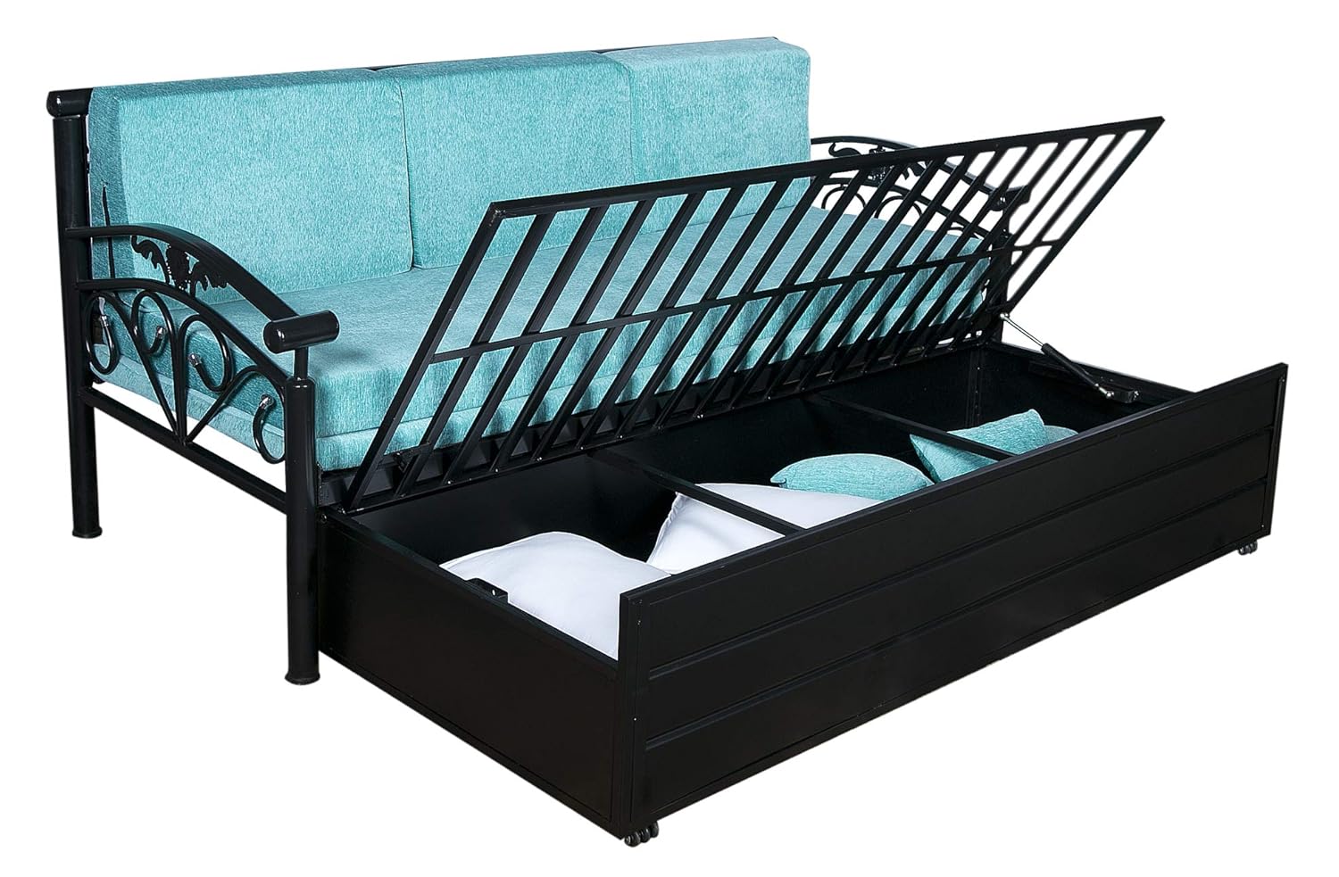 IK Traders Metal 3 Seater Sofa Cum Bed with Hydraulic Storage Cotton Fabric Washable Cover - (Blue Pattern) Single Size (6 X 4) Feet by:- IK Traders - Image 6
