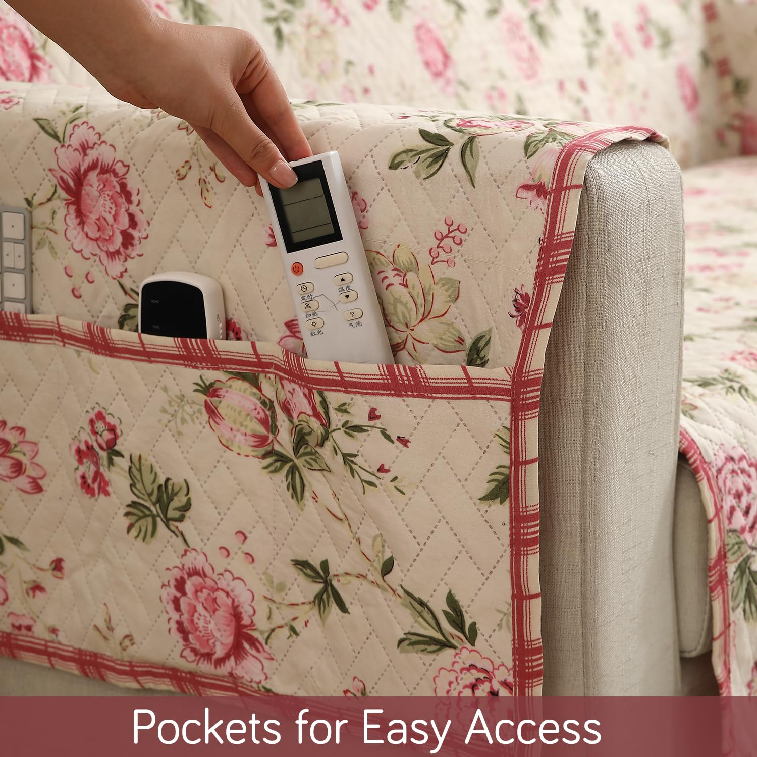 HOKIPO 'HomeHues Series' 1 Seater Quilted Printed Sofa Cover with Pockets, Beige Peonies (IN-811-D3) - Image 3