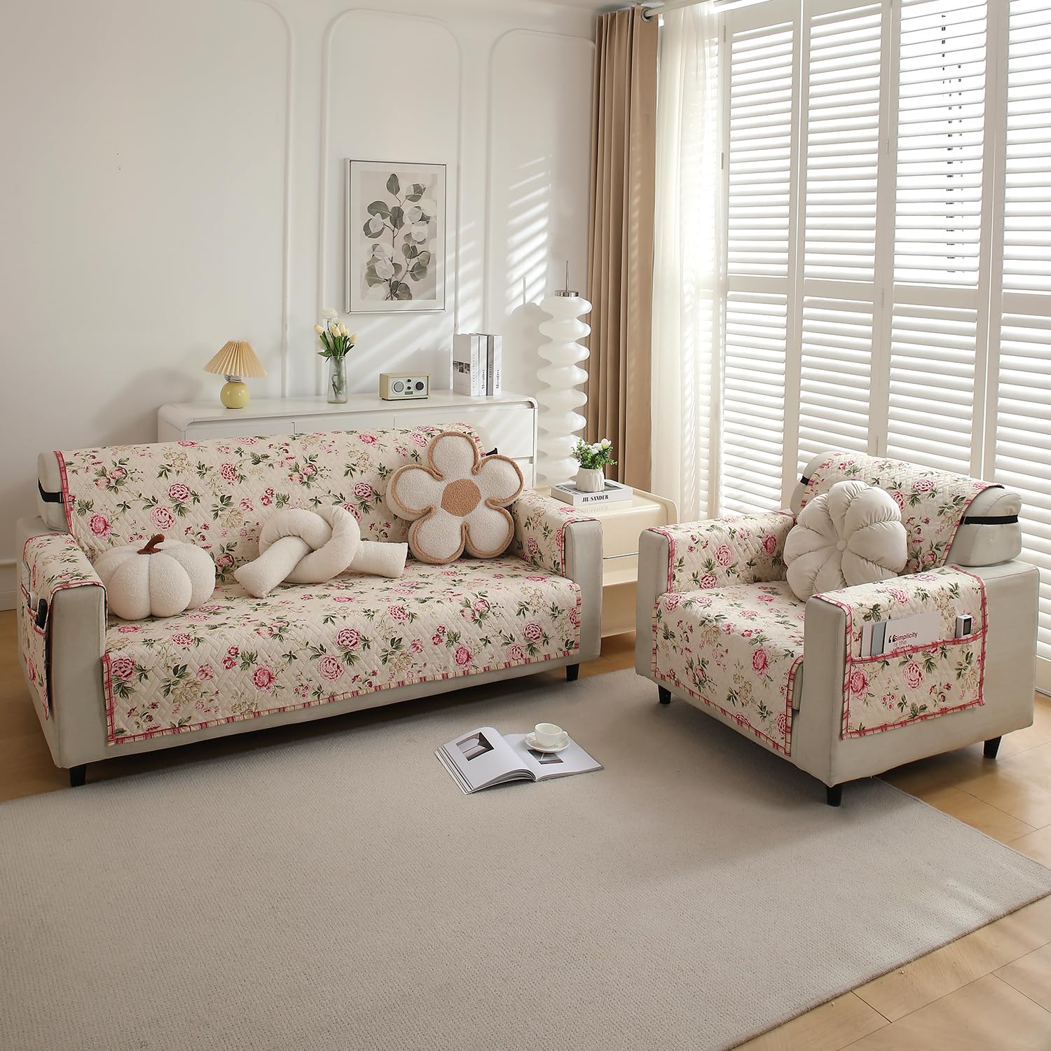 HOKIPO 'HomeHues Series' 1 Seater Quilted Printed Sofa Cover with Pockets, Beige Peonies (IN-811-D3) - Image 4