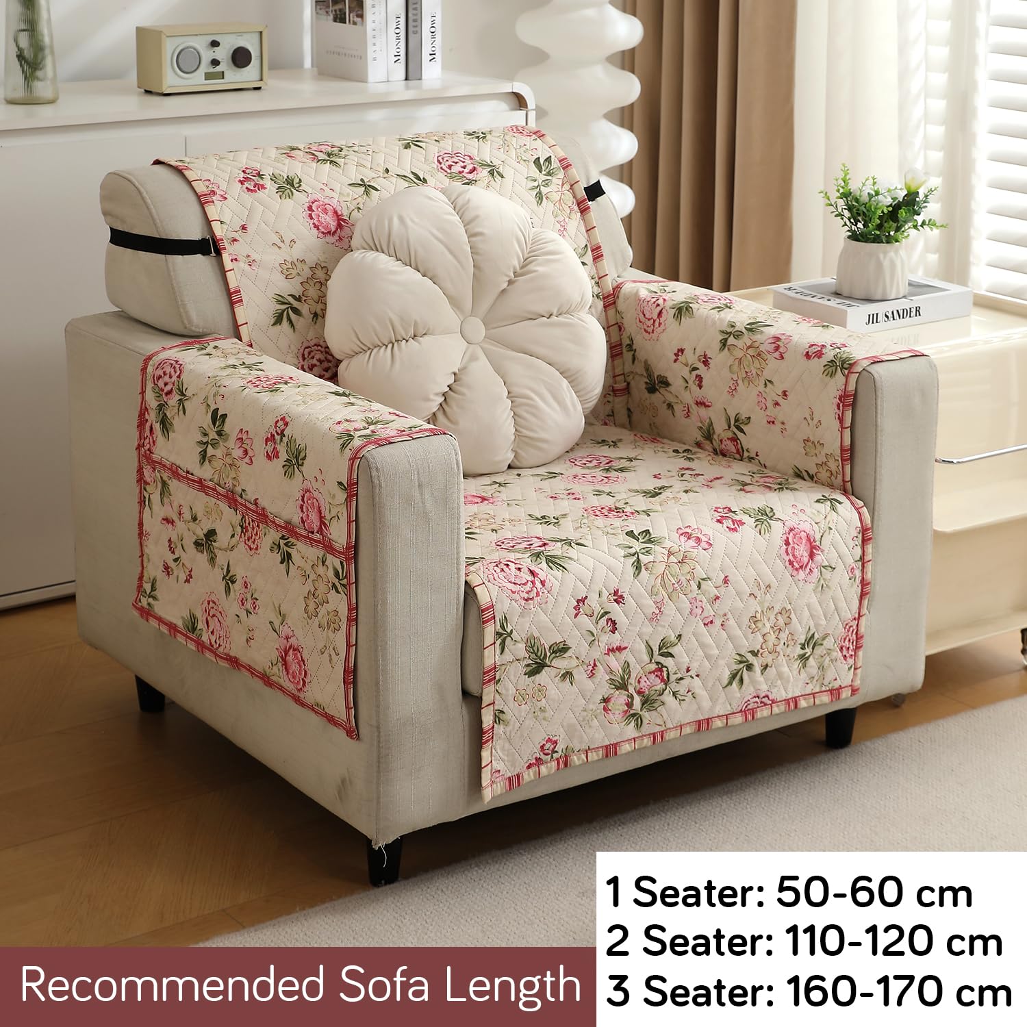 HOKIPO 'HomeHues Series' 1 Seater Quilted Printed Sofa Cover with Pockets, Beige Peonies (IN-811-D3) - Image 5
