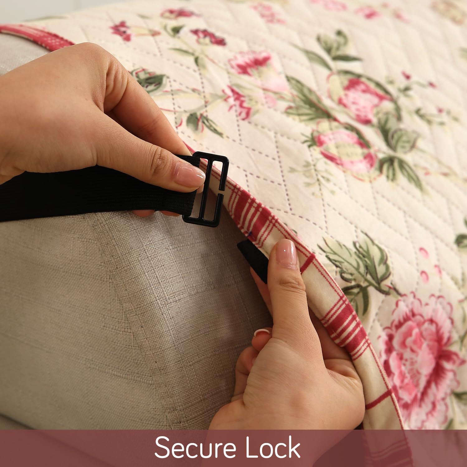 HOKIPO 'HomeHues Series' 1 Seater Quilted Printed Sofa Cover with Pockets, Beige Peonies (IN-811-D3) - Image 6