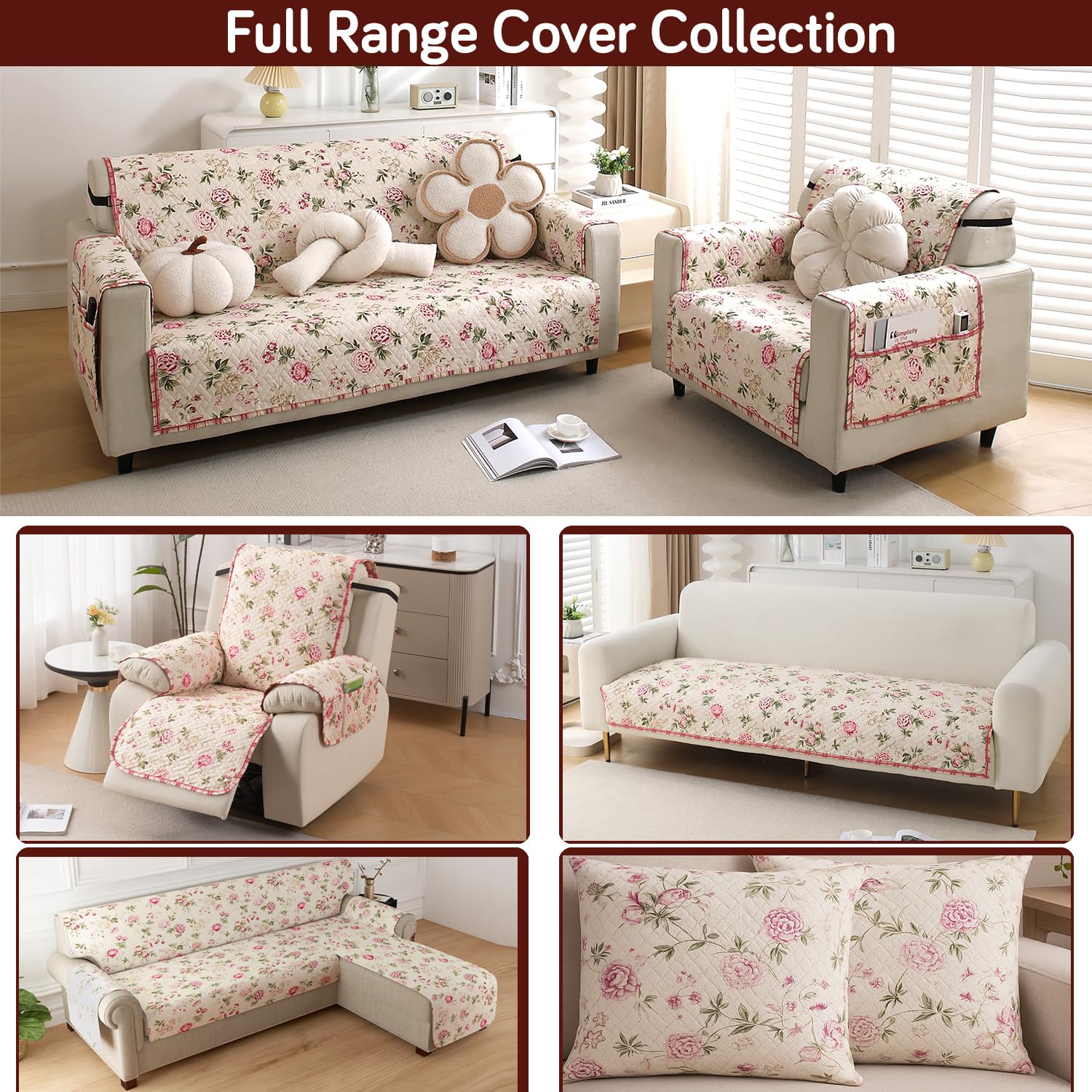HOKIPO 'HomeHues Series' 1 Seater Quilted Printed Sofa Cover with Pockets, Beige Peonies (IN-811-D3) - Image 7