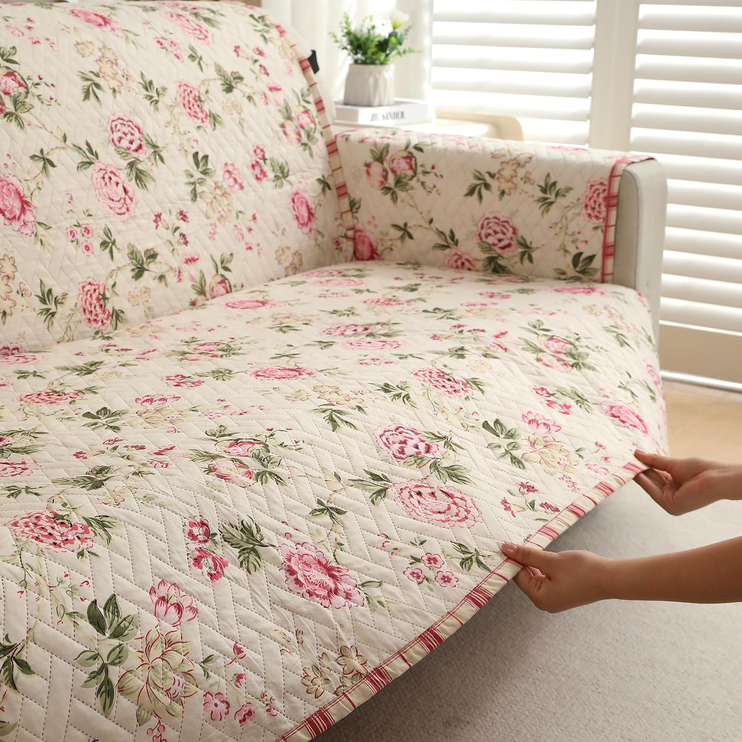 HOKIPO 'HomeHues Series' 1 Seater Quilted Printed Sofa Cover with Pockets, Beige Peonies (IN-811-D3) - Image 8