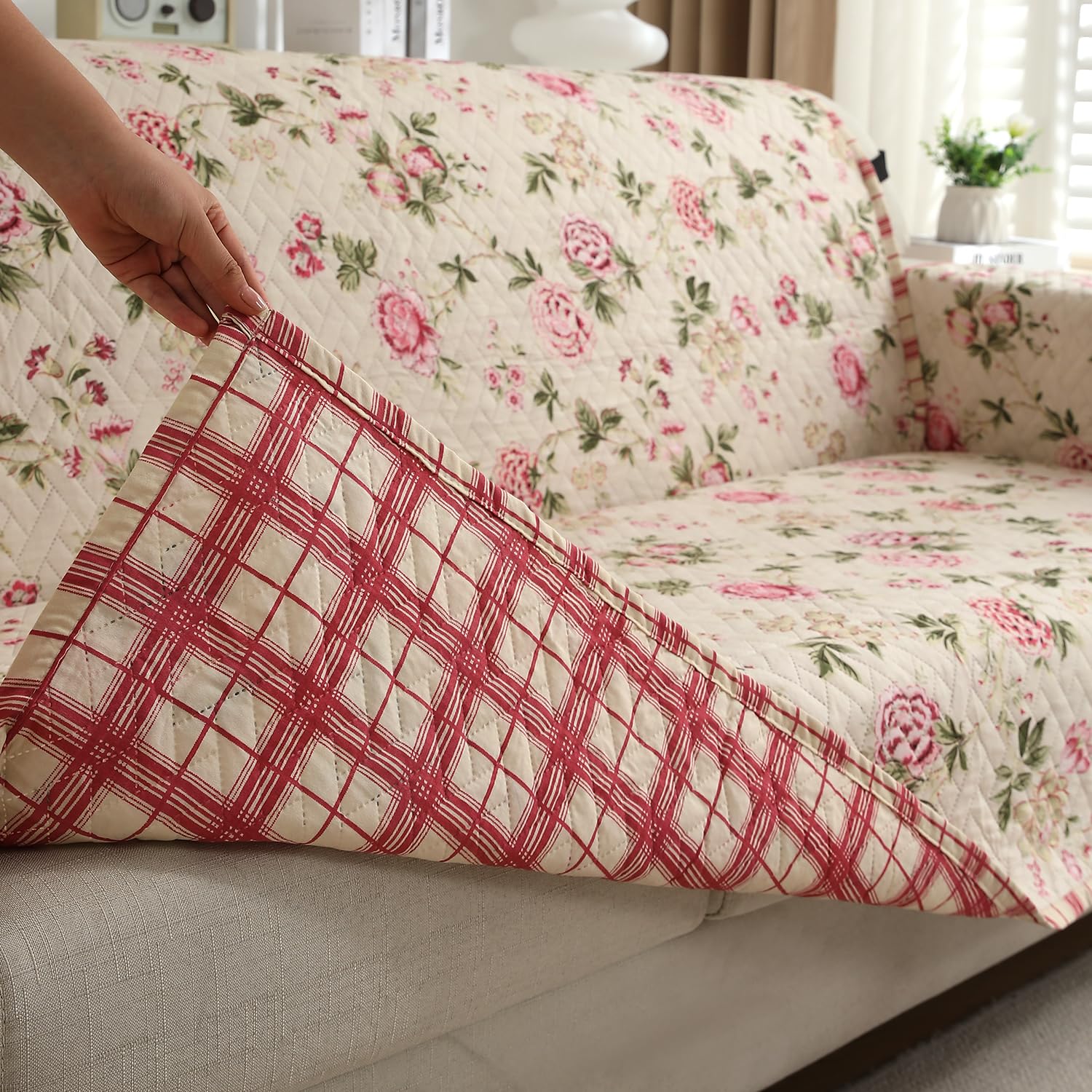 HOKIPO 'HomeHues Series' 1 Seater Quilted Printed Sofa Cover with Pockets, Beige Peonies (IN-811-D3) - Image 9