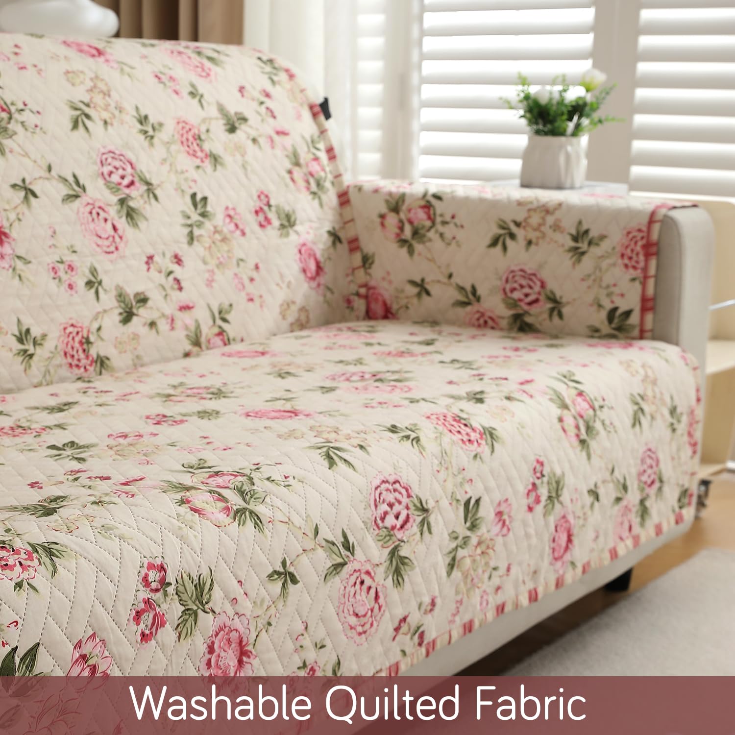 HOKIPO 'HomeHues Series' 1 Seater Quilted Printed Sofa Cover with Pockets, Beige Peonies (IN-811-D3) - Image 10