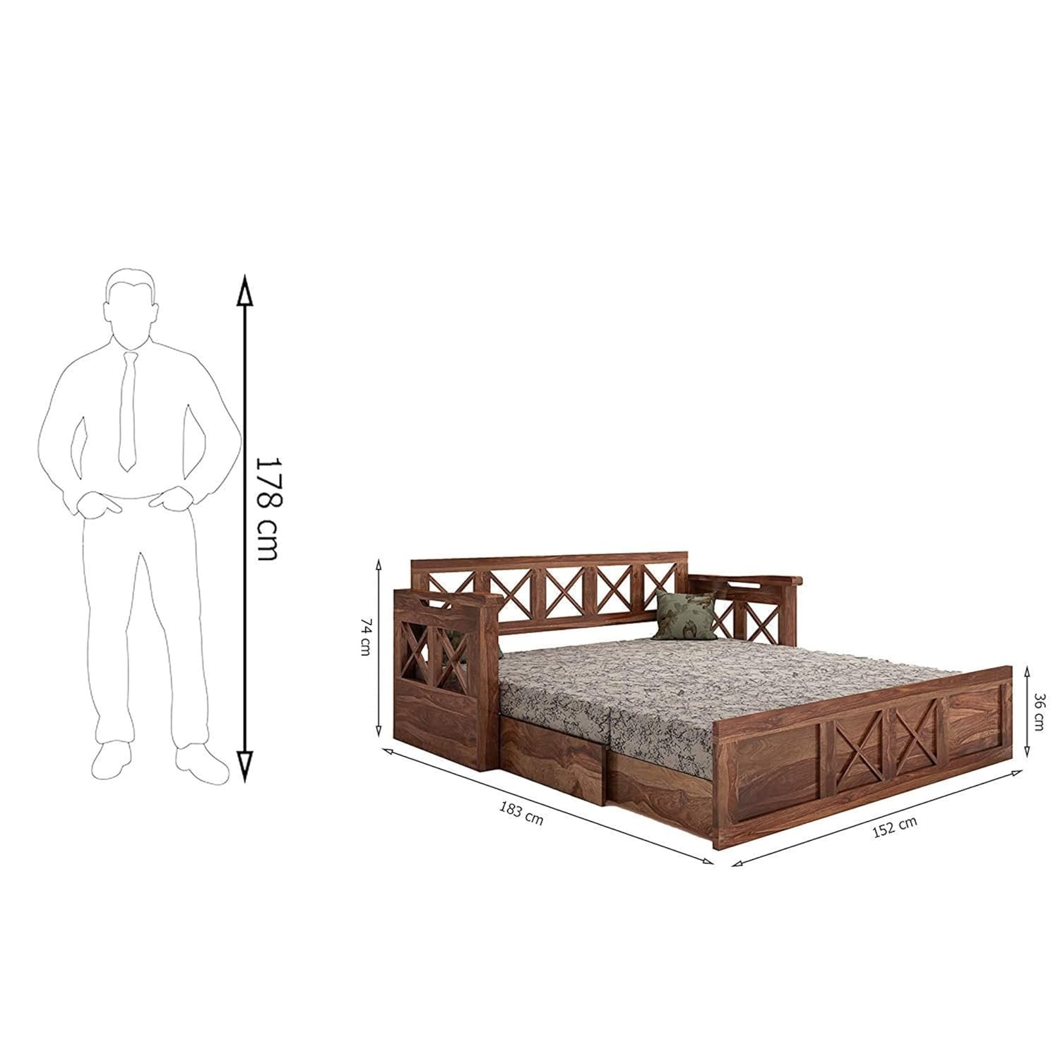 Wooden Twist Wooden Sofa Cum Bed for Living Room Home (Teak Wood) - Image 3