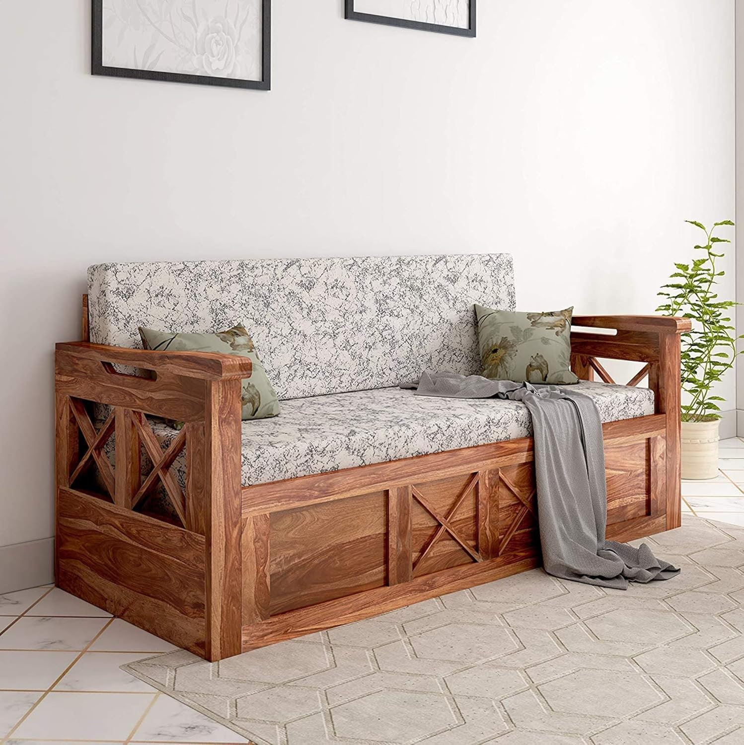 Wooden Twist Wooden Sofa Cum Bed for Living Room Home (Teak Wood) - Image 6
