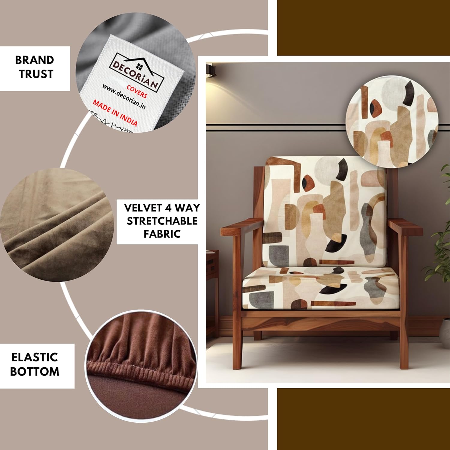 Decorian Soft Velvet Stretchable Printed Solid Sofa Slipcovers, Wooden Sofa Seat Cover, Sofa Back Cushion Covers (Pack of 6, Abstract Shapes) - Image 3