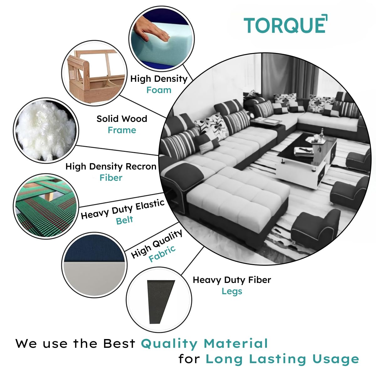 Torque Wood - Galster 12 Seater Sofa Set for Living Room (Right Side, Light Grey & Black) | U Shape Sectional Sofa Set with Cup Holder & Storage with 4 Puffy | 3 Years Warranty - Image 7