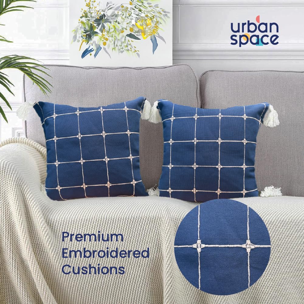 Urban Space Embroidered Cotton Cushion Cover Set of 2, 18 inch x 18 inch Cushion Covers for Sofa, Bedroom, Living Room (Aura Checks Indigo, Cushion Cover 46cm x 46cm, Set of 2) - Image 3