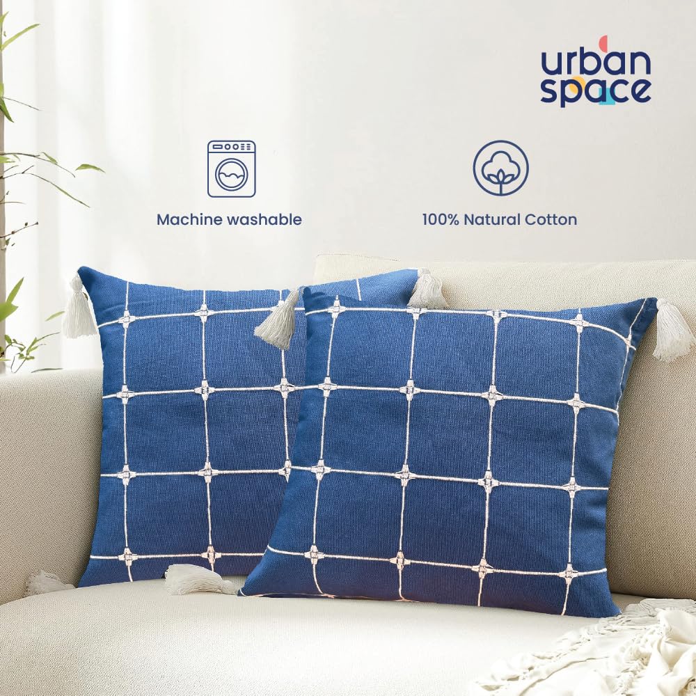 Urban Space Embroidered Cotton Cushion Cover Set of 2, 18 inch x 18 inch Cushion Covers for Sofa, Bedroom, Living Room (Aura Checks Indigo, Cushion Cover 46cm x 46cm, Set of 2) - Image 4
