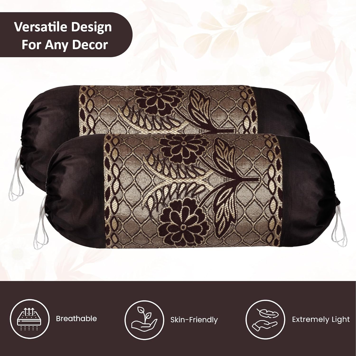 Kuber Industries 2 Pcs Aesthetic Bolster/Side Pillow Cover with Dori for Sofa & Diwan | Washable Cylindrical Takiya & Round Pillow Cover for Home Decor | Flower Design - Golden Brown - Image 7