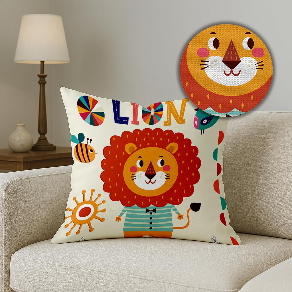 STITCHNEST Set of 5 Polycotton Cushion Covers – 16x16 Inches – Multicolor Cartoon Animal Print – Cute & Fun Throw Pillow Covers for Kids Room, Sofa & Home Decor - Image 3