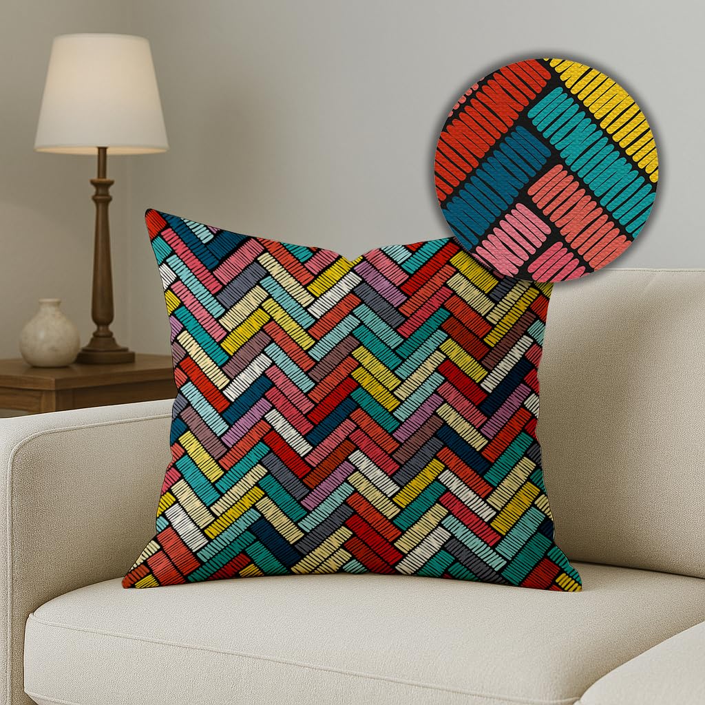 STITCHNEST Set of 5 Polycotton Cushion Covers – 16x16 Inches – Multicolor Boho Embroidery-Style Prints – Artistic & Eclectic Sofa Cushion Covers for Living Room & Home Decor - Image 3