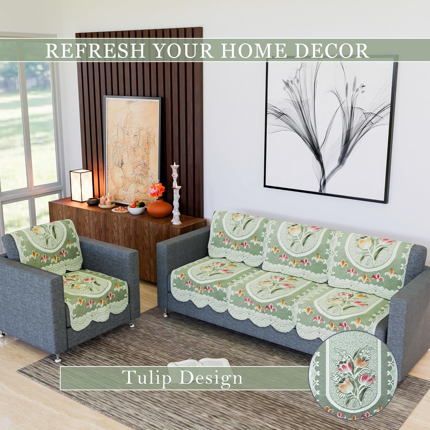 Fun Homes Cotton Sofa Cover 5-Seater Set | Washable Tulip Printed Sofa Protector for Home Decor, Offices, Hotels, Furniture Protection & Everyday Use | Green - Image 5