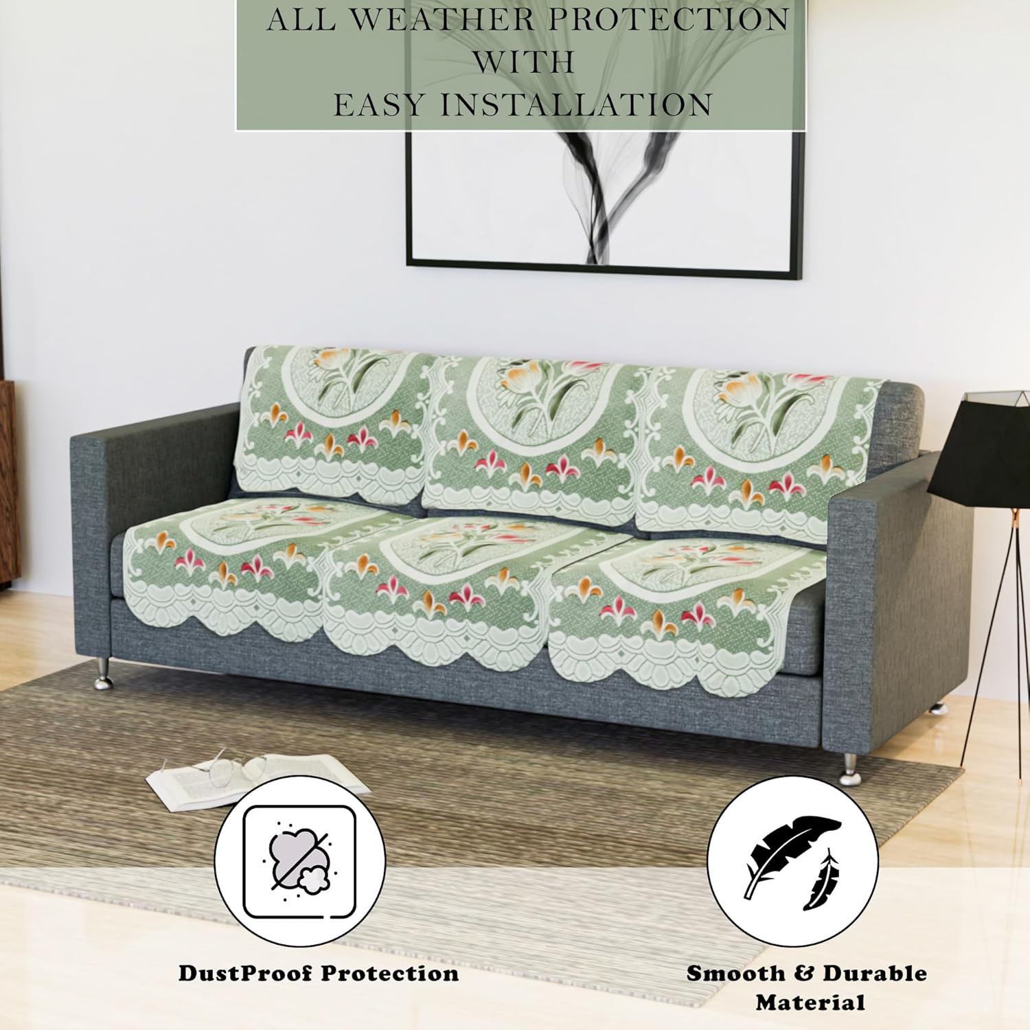 Fun Homes Cotton Sofa Cover 5-Seater Set | Washable Tulip Printed Sofa Protector for Home Decor, Offices, Hotels, Furniture Protection & Everyday Use | Green - Image 7