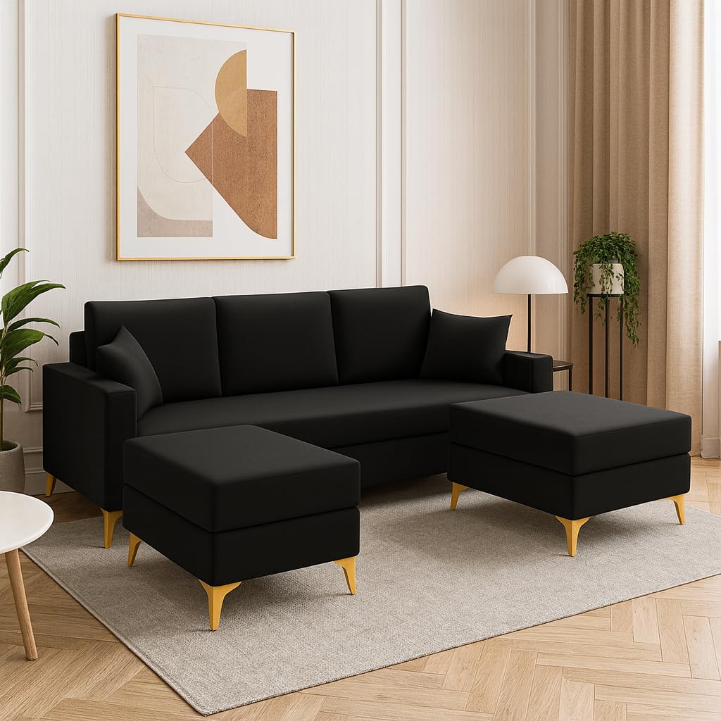 Bravelle 3 Seater Modular Sofa Set with 2 Ottoman | Soft Velvet Suede Fabric | Modern Design | Plush Comfort Cushions for Living Room (Black) - Image 2