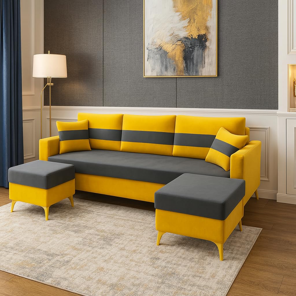 Bravelle 3 Seater Modular Sofa Set with 2 Ottoman | Soft Velvet Suede Fabric | Modern Design Sofas with Golden Legs | Plush Comfort Cushions for Living Room (Yellow-Dark Grey) - Image 2