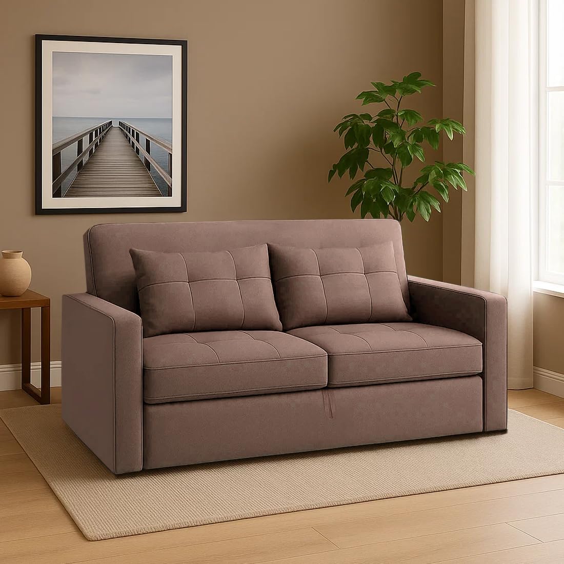 CASASTYLE Trissa 2 Seater Pull-Out Premium Fabric Sofa Cum Bed Sofa Set for Living Room (Beige Fabric) - Image 2